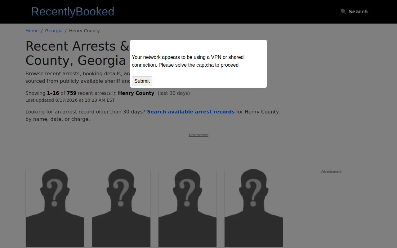 Unofficial Recently Booked Henry County arrest records page